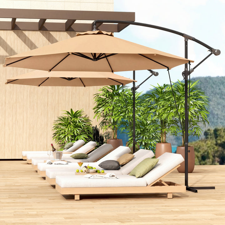 Chapéu de Sol Excêntrico Ø 290 cm Chapéu de Sol de Jardim com Base Cruzada Manivela Capa de Proteção e Corda de Vento Anti UV 50+ Chapéu de Sol para Varanda Cáqui