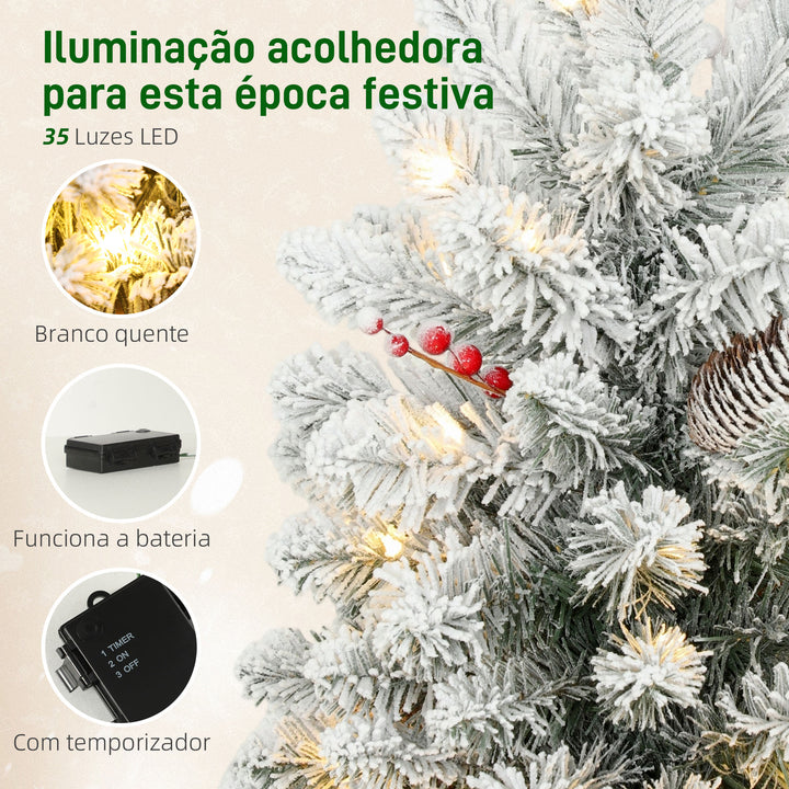 Árvore de Natal com 35 Luzes LED 60 cm Mini Árvore de Natal Artificial com 72 Ramos com Neve Pinhas Bagas e Base de Saco de Juta Decoração de Natal de Mesa para Casa Escritório Verde