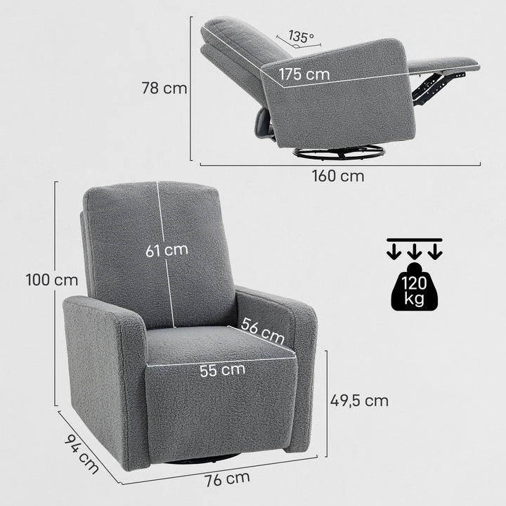 Poltrona Relax Reclinável Manual Poltrona Relax de Borreguito com Apoio de Braços Apoio para Pés, Acolchoado Grosso Função de Baloiço 360° Poltrona Reclinável até 135º 76x94x100 cm Cinza