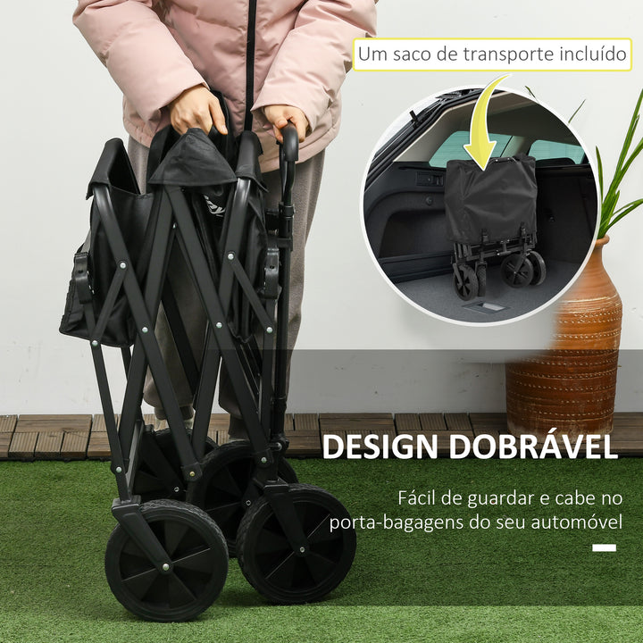 Carrinho de Transporte com Toldo Removível Carrinho Dobrável com Alça Ajustável e Bolsa de Transporte Capacidade 100 kg para Campismo Praia 97x52x105 cm Preto