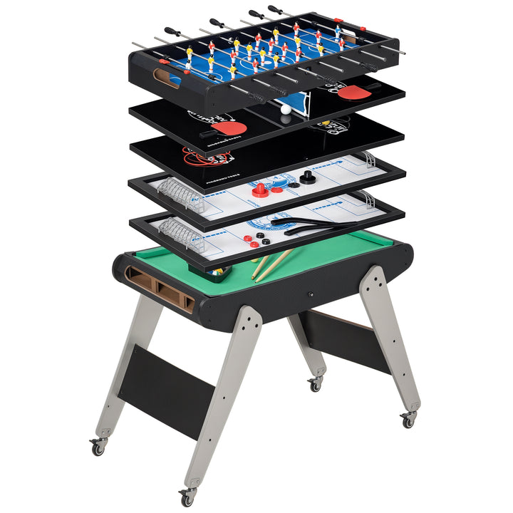 Mesa Multi Jogos para Crianças acima de 7 Anos Mesa de Jogos 6 em 1 com Rodas Bilhar Matraquilho Ping Pong Lançamento de Anéis Hóquei no Gelo e Air Hóquei 120x88x79cm Multicor