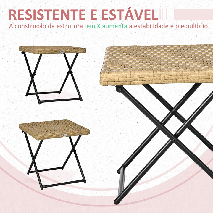 Mesa de Jardim em Vime Sintético Mesa de Terraço Exterior Dobrável com Pés Cruzados e Estrutura de Aço para Pátio Varanda 40x40x40 cm Natural