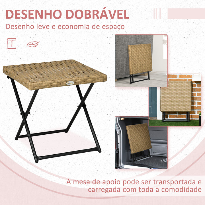 Mesa de Jardim em Vime Sintético Mesa de Terraço Exterior Dobrável com Pés Cruzados e Estrutura de Aço para Pátio Varanda 40x40x40 cm Natural