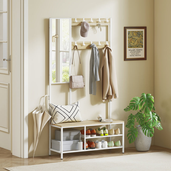 Móvel Cabide de Entrada com Espelho e Sapateira 4 em 1 com 3 Prateleiras Banco 10 Ganchos Ajustáveis Estilo Moderno para Corredor Quarto Sala de Estar 98x34x186 cm Madeira