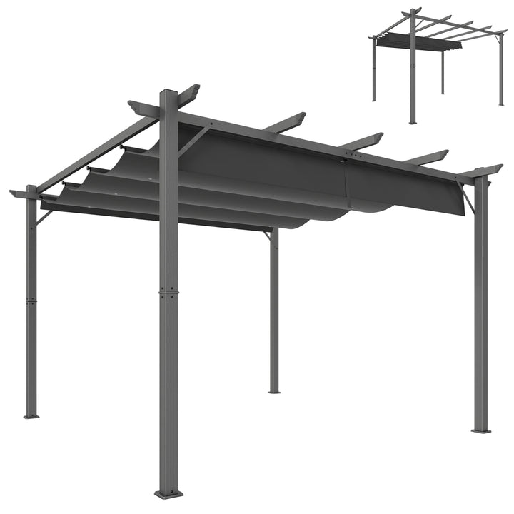 Pérgola de Jardim 3x3 m com Telhado Retrátil Pérgola de Exterior com Proteção UPF30+ Orifícios de Drenagem Estrutura de Alumínio Cobertura para Pátio Terraço Cinzento Escuro