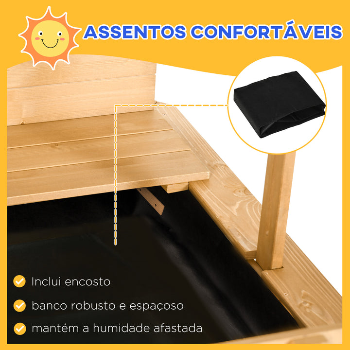 Caixa de Areia para Crianças de Madeira Caixa de Areia Infantil com Toldo Ajustável em Altura 2 Bancos e Encostos Removíveis para Pátio Jardim 106x106x121 cm Natural