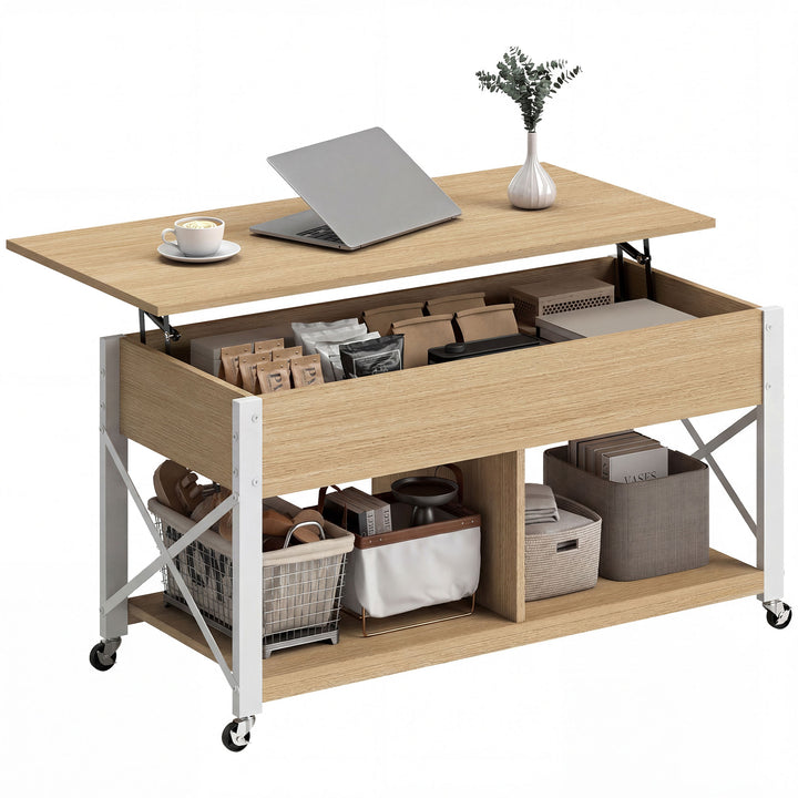 Mesa de Centro Elevatória com Rodas Mesa de Sala com Compartimento Oculto Prateleiras Abertas Mesa de Café para Sala de Jantar Escritório 105x50x67 cm Madeira e Branco