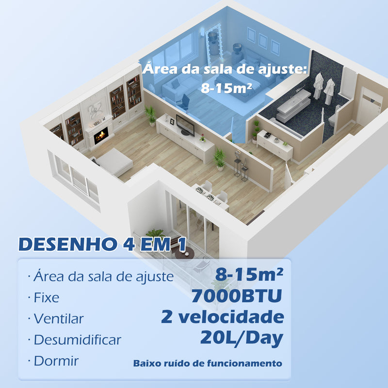 Ar Condicionado Portátil 7000 BTU 760 W com Ecrã LED Controlo Remoto Temporizador para 8-15 m² 30x34x69,4 cm Branco