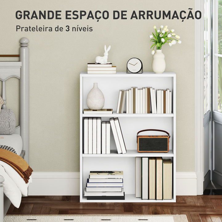 Estante de 3 Níveis Estante para Livros com 2 Prateleiras Ajustáveis para Sala de Estar Escritório Quarto 60x24x80 cm Branco