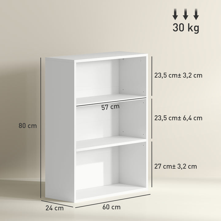 Estante de 3 Níveis Estante para Livros com 2 Prateleiras Ajustáveis para Sala de Estar Escritório Quarto 60x24x80 cm Branco