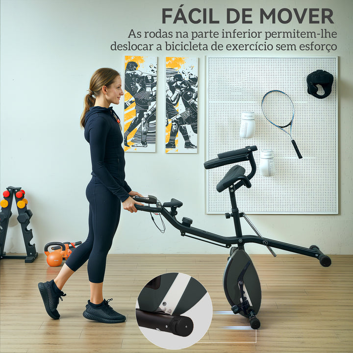 Bicicleta Estática Dobrável com Resistência Magnética de 8 Níveis Bicicleta Estática Dobrável com Encosto Volante Ecrã LCD e Banda de Resistência Carga 110 kg 43x97x109 cm Preto
