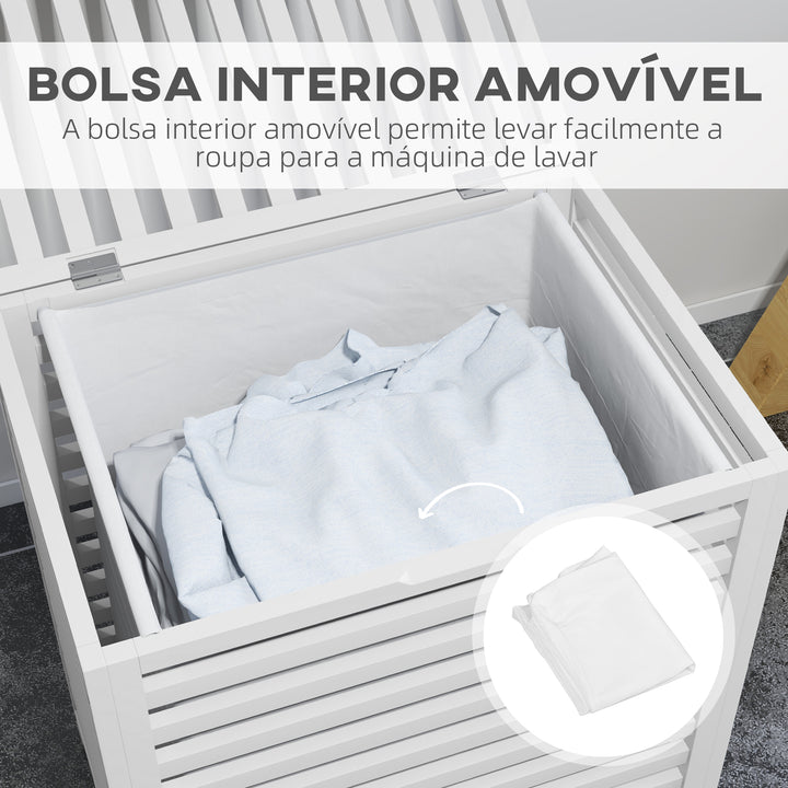 Cesto de Roupa de Bambu Cesto Roupa Suja Capacidade 55L com Bolsa Amovível Forma Retangular 50x36x60 cm Branco