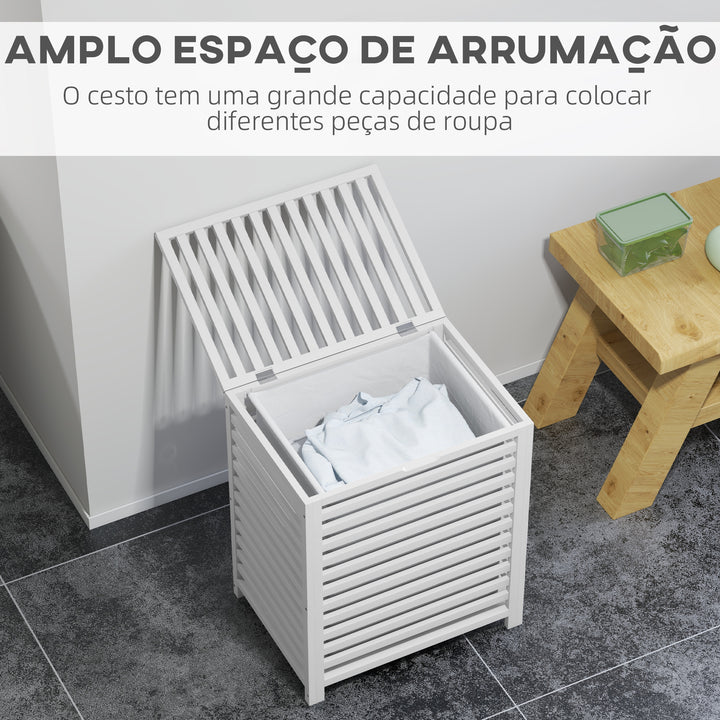 Cesto de Roupa de Bambu Cesto Roupa Suja Capacidade 55L com Bolsa Amovível Forma Retangular 50x36x60 cm Branco