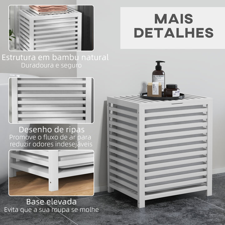 Cesto de Roupa de Bambu Cesto Roupa Suja Capacidade 55L com Bolsa Amovível Forma Retangular 50x36x60 cm Branco