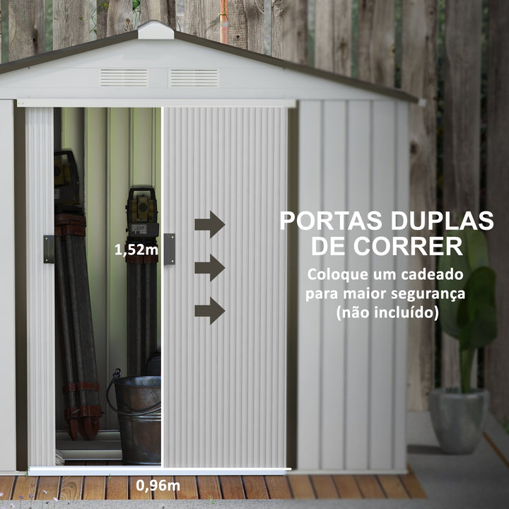 Abrigo de Jardim 213x130x185cm Abrigo de Jardim Metálico de Exterior para Armazenamento de Ferramentas com 2 Portas Deslizantes e 4 Janelas para Terraço Branco e Cinza