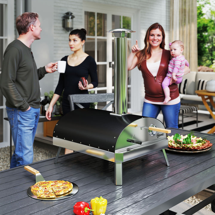 Mini Forno de Pizza Exterior Portátil Forno a Lenha com Pedra Refratária Ø33 cm Pá Pegas de Madeira Termómetro e Bandeja Giratória para Jardim Varanda Campismo Pátio 84x47x82 cm Prata