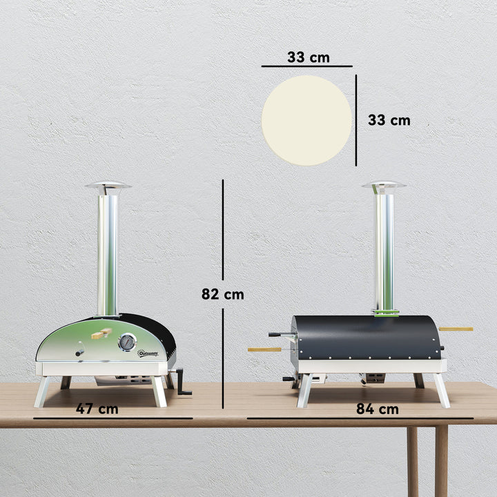 Mini Forno de Pizza Exterior Portátil Forno a Lenha com Pedra Refratária Ø33 cm Pá Pegas de Madeira Termómetro e Bandeja Giratória para Jardim Varanda Campismo Pátio 84x47x82 cm Prata