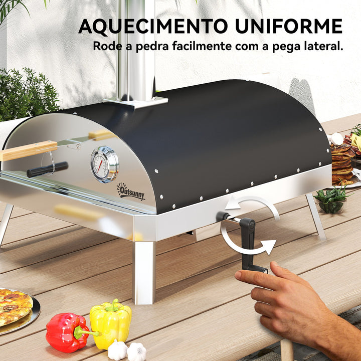 Mini Forno de Pizza Exterior Portátil Forno a Lenha com Pedra Refratária Ø33 cm Pá Pegas de Madeira Termómetro e Bandeja Giratória para Jardim Varanda Campismo Pátio 84x47x82 cm Prata