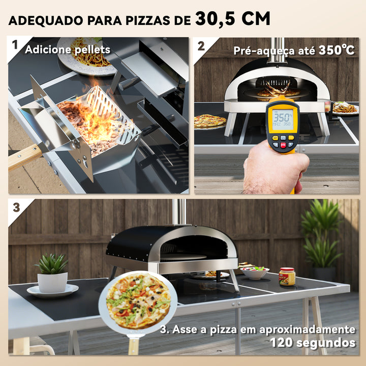 Mini Forno de Pizza Exterior Portátil Forno a Lenha com Pedra Refratária Ø33 cm Pá Pegas de Madeira Termómetro e Bandeja Giratória para Jardim Varanda Campismo Pátio 84x47x82 cm Prata