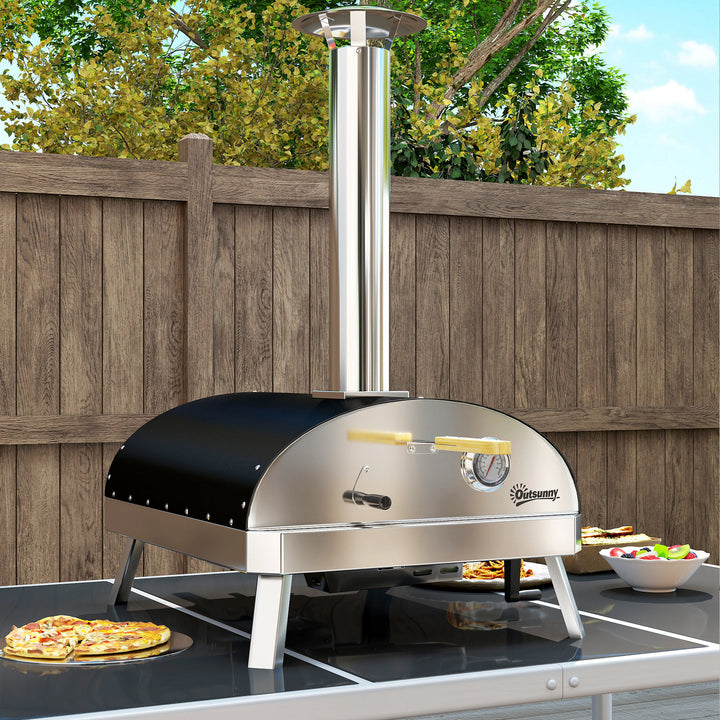 Mini Forno de Pizza Exterior Portátil Forno a Lenha com Pedra Refratária Ø33 cm Pá Pegas de Madeira Termómetro e Bandeja Giratória para Jardim Varanda Campismo Pátio 84x47x82 cm Prata