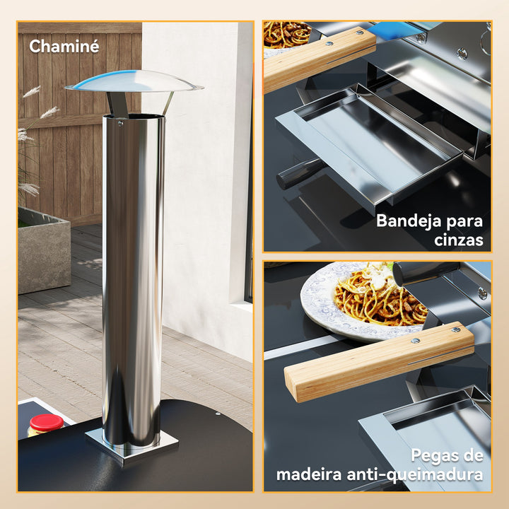 Mini Forno de Pizza Exterior Portátil Forno a Lenha com Pedra Refratária Ø33 cm Pá Pegas de Madeira Termómetro e Bandeja Giratória para Jardim Varanda Campismo Pátio 84x47x82 cm Prata