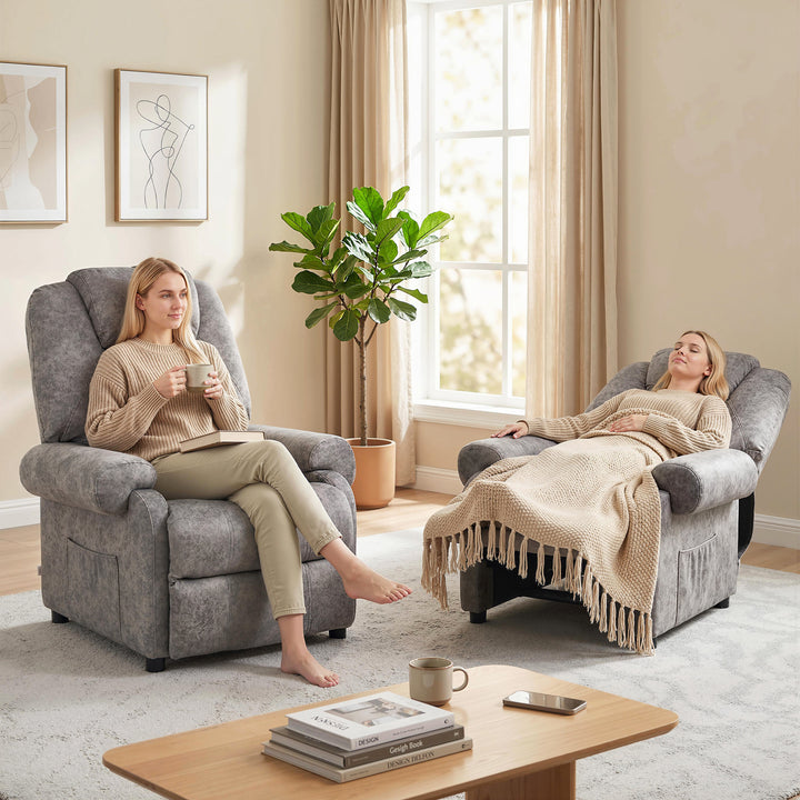 Poltrona Relax Reclinável Poltrona para Sala de Estar com Apoio para os Pés Retrátil Encosto Alto Bolso Lateral Acolchoado Grosso 88x91x108 cm Cinzento