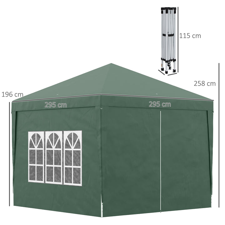 Tenda de Jardim com Paredes Laterais Amovíveis Janelas Porta com Zíper e Bolsa de Transporte 295x295x196-258 cm Verde