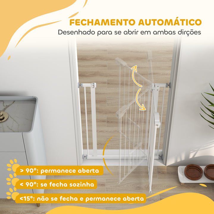 Barreira de Segurança para Cães Animais de Estimação 74-100cm para Escadas Portas e Corredores com Porta para Gatos Fechamento Automático e Sistema de Duplo Bloqueio Altura 91,4cm Branco
