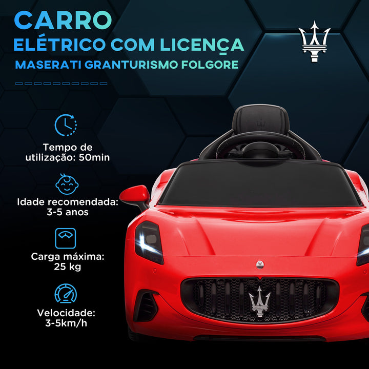 Carro Elétrico para Crianças acima de 3 Anos Carro Maserati Gran Turismo Folgore Carro Elétrico com Bateria 12V Controlo Remoto Faróis Buzina e Música MP3 98x59x43 cm Vermelho
