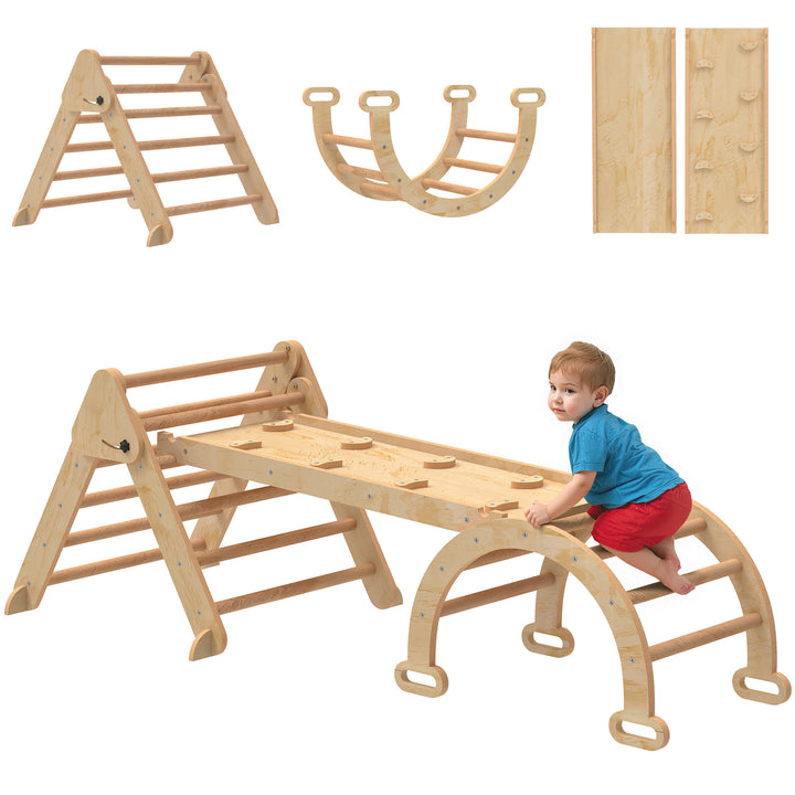 Triângulo de Escalada 7 em 1 Montessori com Arco e Rampa Escalada para Crianças de Madeira Dobrável para 18-48 Meses Para Deslizar ou Escalar 188x70 cm Madeira