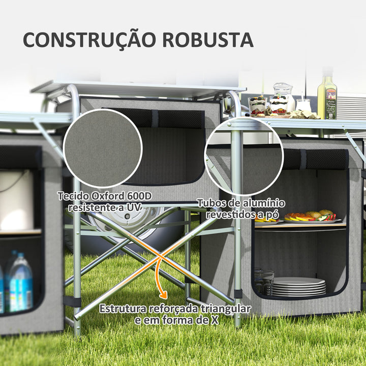 Móvel de Cozinha para Campismo Armário para Campismo Dobrável com 3 Tampos 3 Armários Suporte de Luz 4 Ganchos e Bolsa de Transporte para Campismo Piquenique 172x48x119 cm Cinza