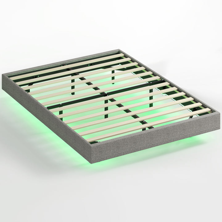 Cama 140x190 cm com Luzes LED Estofada em Linho Ripas de Madeira Silenciosa Fácil de Montar Cinzento