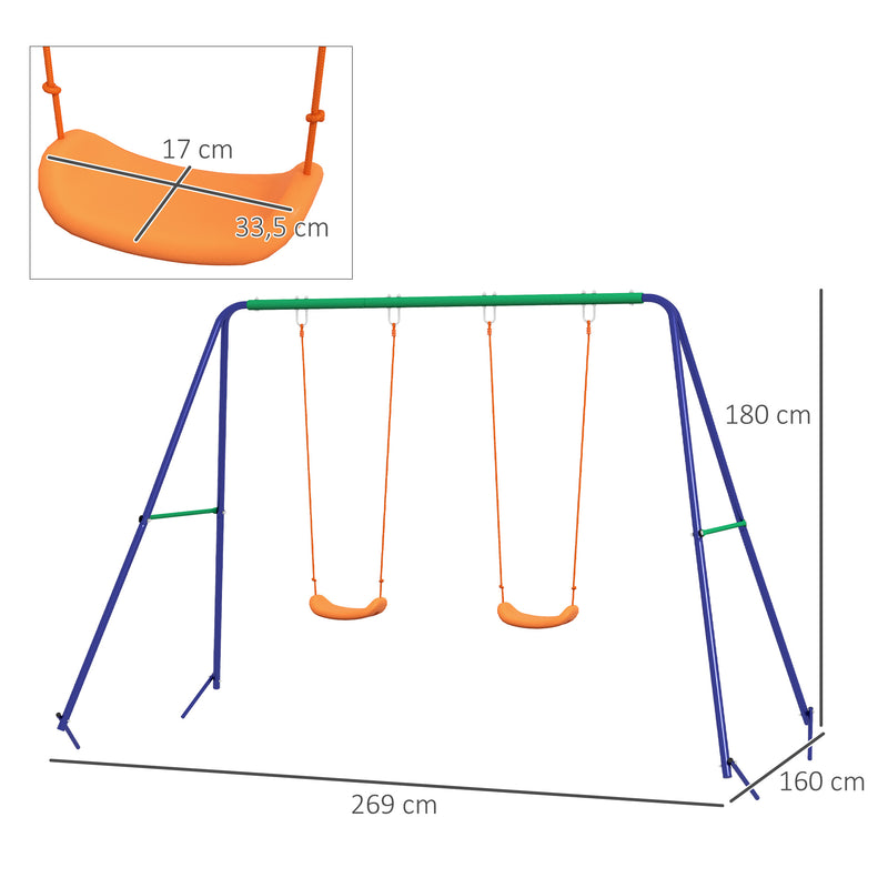 Conjunto de Baloiço Infantil Baloiço para Crianças de 3-8 Anos com 2 Assentos Resistente aos Raios UV e Suporte de Metal Carga 90 kg para Pátio Jardim 269x160x180 cm Multicor