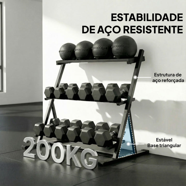 Suporte para Halteres de 3 Níveis Estante de Armazenamento de Pesos de Aço com Barras Ajustáveis para Treino em Ginásio Casa Capacidade 200 kg 88x66x88 cm