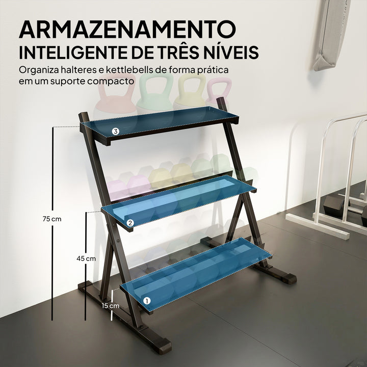 Suporte para Halteres de 3 Níveis Estante de Armazenamento de Pesos de Aço com Barras Ajustáveis para Treino em Ginásio Casa Capacidade 200 kg 88x66x88 cm