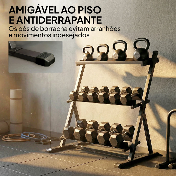 Suporte para Halteres de 3 Níveis Estante de Armazenamento de Pesos de Aço com Barras Ajustáveis para Treino em Ginásio Casa Capacidade 200 kg 88x66x88 cm