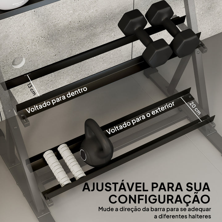 Suporte para Halteres de 3 Níveis Estante de Armazenamento de Pesos de Aço com Barras Ajustáveis para Treino em Ginásio Casa Capacidade 200 kg 88x66x88 cm