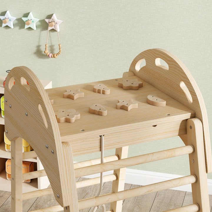 Triângulo de Escalada Montessori 6 em 1 Estrutura de Madeira com Plataforma Anéis e Escorrega para Escalar ou Deslizar para Crianças de 18-48 Meses Interiores Madeira