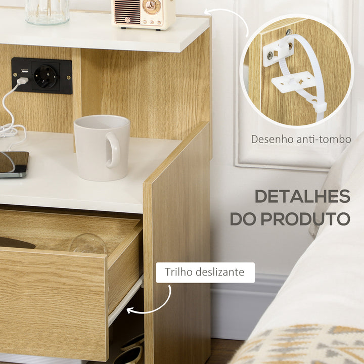 Mesa de Cabeceira Moderna Mesa de Cabeceira com Entrada USB Tomada Elétrica Gaveta e Prateleiras Mesa de Cabeceira para Dormitório 40x40x60 cm Madeira