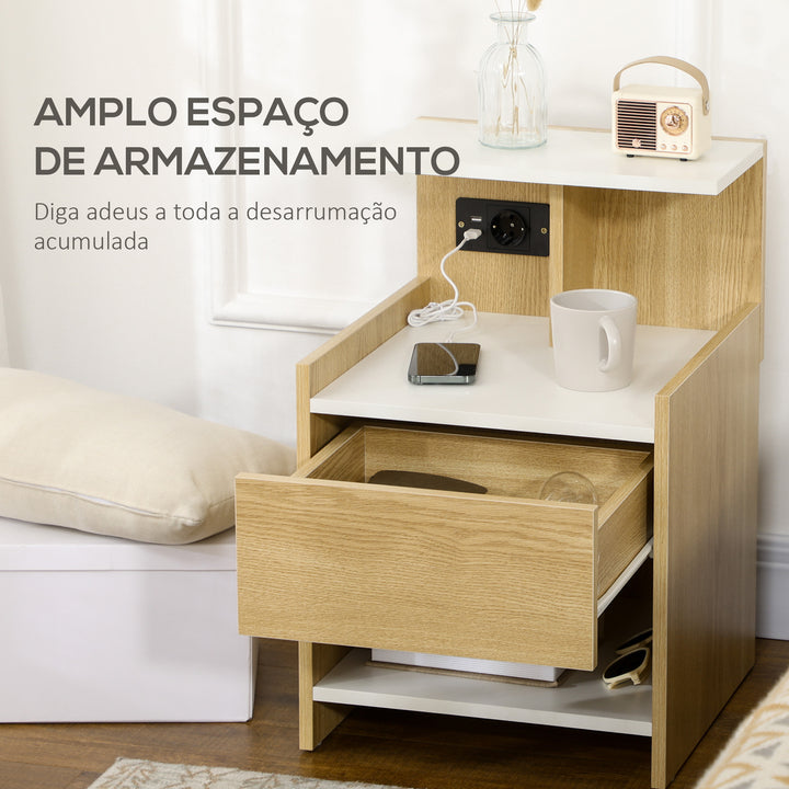 Mesa de Cabeceira Moderna Mesa de Cabeceira com Entrada USB Tomada Elétrica Gaveta e Prateleiras Mesa de Cabeceira para Dormitório 40x40x60 cm Madeira