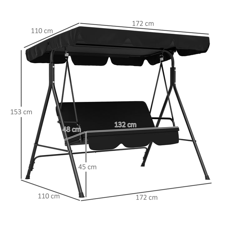Baloiço de Jardim de 3 Lugares com Almofada Toldo Ajustável e Estrutura de Aço para Balcão Terraço Patio Carga Máx. 200 kg 172x110x153 cm Preto