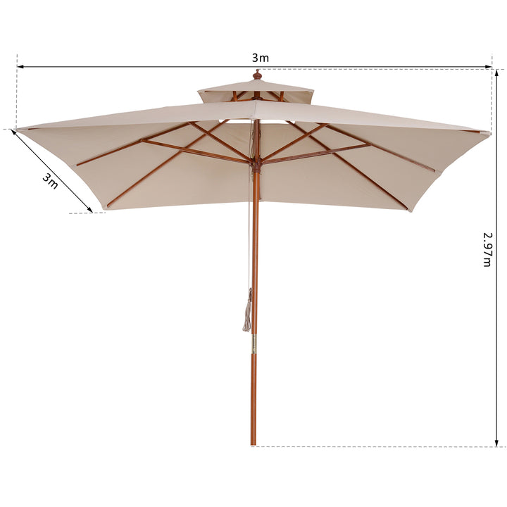 Guarda-sol 3x3 m de Bambu Madeira para Jardim Terraço Pátio Praia Tecto Duplo Rectângulo Poste de 48mm Creme