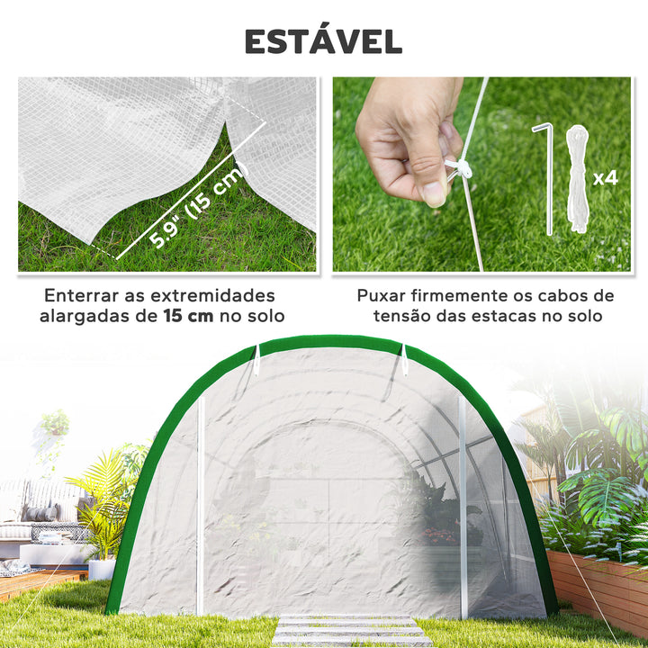 Estufa de Exterior 6x3x2 m Estufa de Túnel com Porta Enrolável 8 Janelas com Rede Cobertura PE 140g/m² Estrutura em Aço Galvanizado para Cultivos Plantas Flores Branco