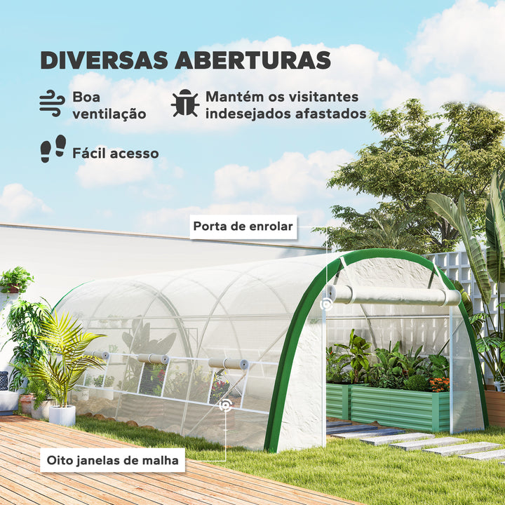 Estufa de Exterior 6x3x2 m Estufa de Túnel com Porta Enrolável 8 Janelas com Rede Cobertura PE 140g/m² Estrutura em Aço Galvanizado para Cultivos Plantas Flores Branco