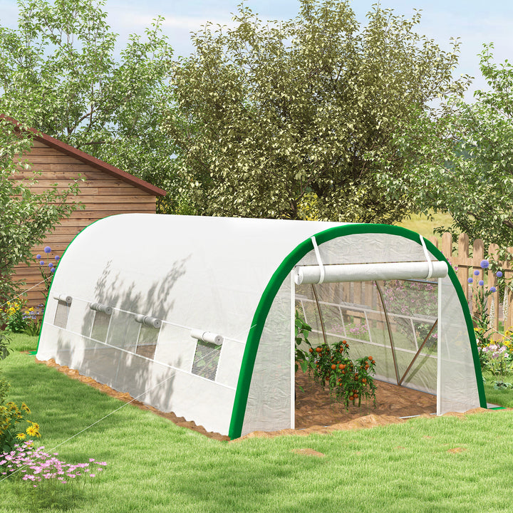 Estufa de Exterior 6x3x2 m Estufa de Túnel com Porta Enrolável 8 Janelas com Rede Cobertura PE 140g/m² Estrutura em Aço Galvanizado para Cultivos Plantas Flores Branco
