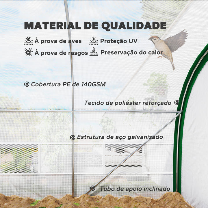 Estufa de Exterior 6x3x2 m Estufa de Túnel com Porta Enrolável 8 Janelas com Rede Cobertura PE 140g/m² Estrutura em Aço Galvanizado para Cultivos Plantas Flores Branco