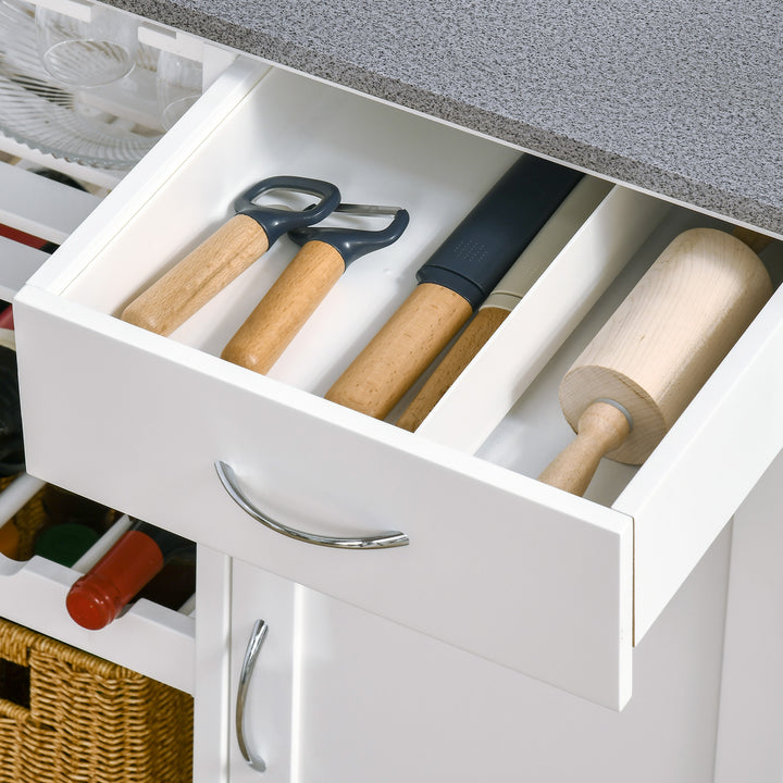 Carrinho de Cozinha com Rodas Carrinho de Cozinha com 1 Gaveta Prateleiras Removíveis Suporte para 4 Garrafas e Armário para Sala de Jantar Sala de Estar Carga 40kg 76x48x88cm Branco e Cinza