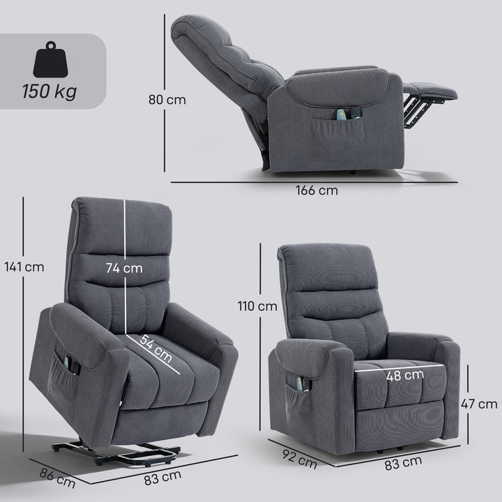Poltrona de Massagem Relax Poltrona Levanta Pessoas com Reclinação Elétrica em até 135° com Controle Remoto e 8 Zonas de Massagem Estofado em Veludo Cotelê e Acolchoada 83x92x110 cm Cinza