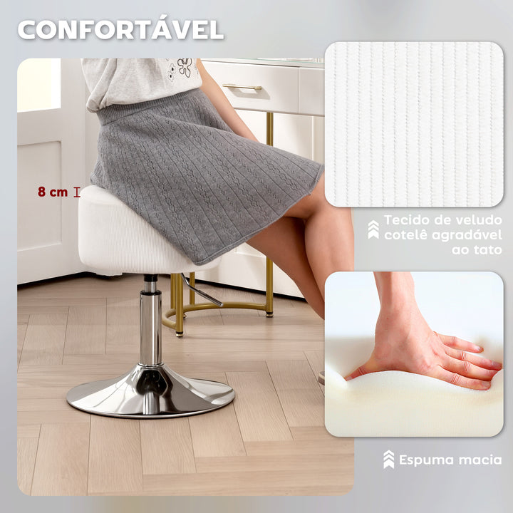 Banco de Bar Giratório Banco Alta de Cozinha Ajustável em Altura 52-66 cm Estofado em Veludo Giratória a 360° para Sala de Jantar Tocador Balcão Branco