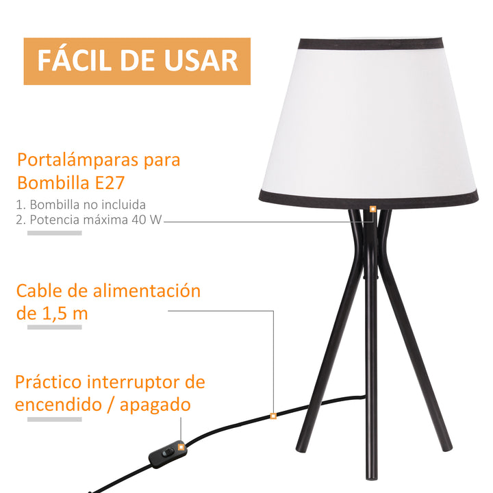 Candeeiro de Mesa com Tripé de Metal Candeeiro de Escritório com Ecrã de Tecido e Suporte para Lâmpada E27 Máx. 40W Estilo Moderno para Dormitórios Sala de Estar Ø25x50cm Branco e Preto